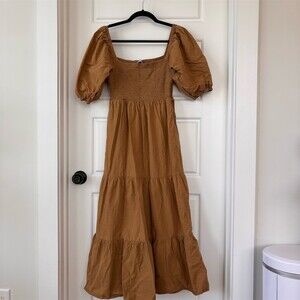 Elloh Dress Womens Size M Brown Smocked Midi Square Neck Puff Sleeve Boho